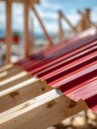 Bright sunlight illuminates vibrant red metal panels fastened to sturdy wooden supports, revealing...