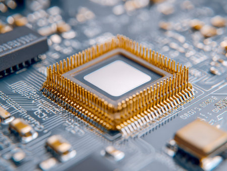 A detailed close-up reveals a computer's brain, with gleaming gold connectors nestled among complex...