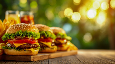 Juicy burgers topped with crisp greens and melted cheese, accompanied by golden fries and refreshing drinks, bathed in warm, natural sunlight on a rustic wooden surf