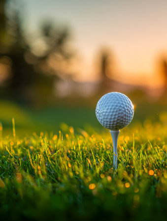 A perfect shot captured at dusk, showcasing a solitary golf ball balanced on a tee amid lush, vivid grass, with a golden sunset casting a warm glow over the tranquilの写真素材