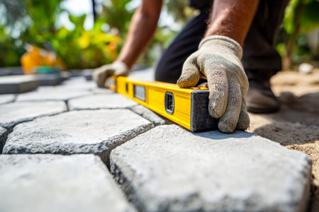 A skilled laborer, equipped with protective gloves, meticulously examines stone placement with a...