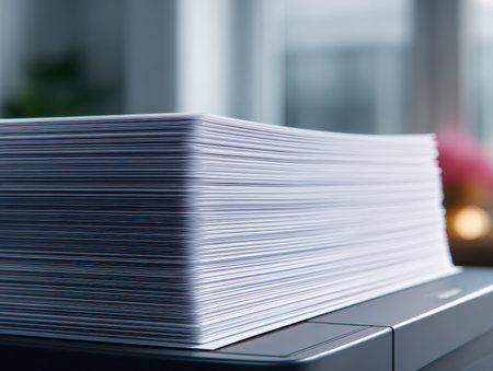 A neat pile of crisp white sheets sits atop a sleek office printer, symbolizing readiness for high-volume document processing in a professional setting.の写真素材