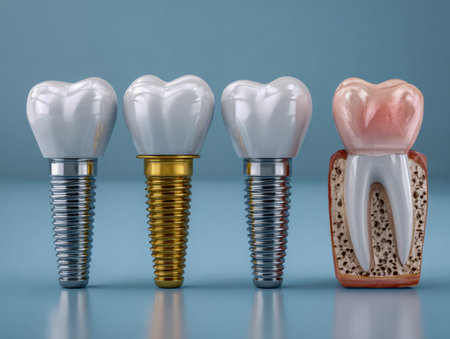 An intricate cross-sectional view highlighting dental implant components alongside a natural tooth's inner structure, showing roots and jawbone for learning.の写真素材