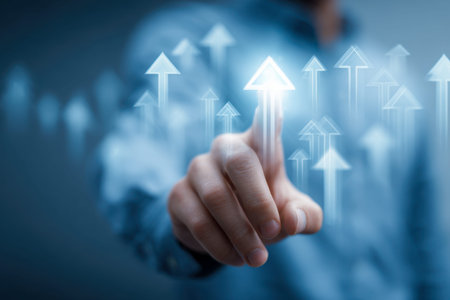 A confident individual gestures toward ascending digital charts, illustrating advancement and...