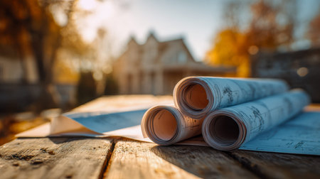 A set of freshly rolled blueprints lie atop a rustic wooden table outside, with a cozy home and...