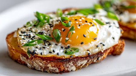 A sunny-side-up egg topped with black and white sesame seeds, accented by chopped green onions, rests atop a crispy, handmade toast on a sleek white dish.の写真素材