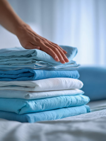 A serene scene of a hand softly resting on a tidy pile of azure and cream textiles, evoking tranquility and a well-kept, cozy bedroom ambiance.の写真素材