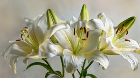 A pristine display of white lilies with soft, velvety petals and emerging green buds, set against a gentle, unobtrusive background emphasizing purity and elegance.の写真素材
