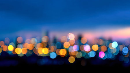 A lively urban scene at twilight, where shimmering orbs of multicolored light blend into an artistic...