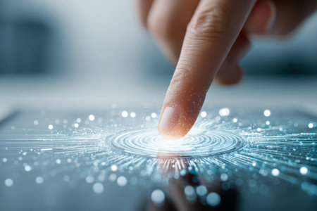 A human finger navigates a sleek holographic control panel, immersed in luminous digital webs and...