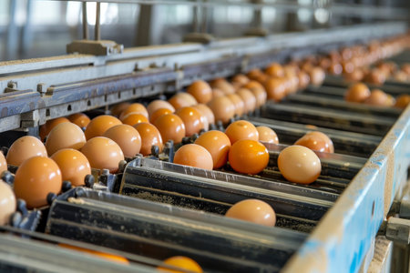 Highly efficient egg sorting equipment at bustling commercial production facilityの写真素材