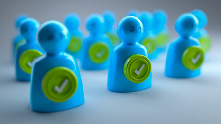 A collection of blue human-shaped icons sporting green check mark badges, arranged on a clean white background to symbolize collective endorsement and trust.の写真素材