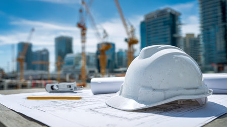 A clean, white construction helmet gently placed on detailed blueprints, set against a skyline of cranes and contemporary buildings under a bright blue sky.の写真素材