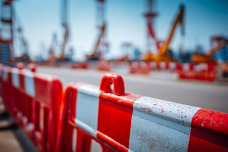 Brightly striped safety barriers form a protective barrier around the active project zone, with towering cranes and machinery softly blurred under a clear, sunny skyの写真素材