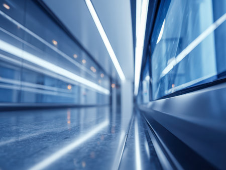 A sleek, avant-garde corridor featuring mirrored panels and shifting illumination that evokes a sense of limitless space and cutting-edge design.の写真素材