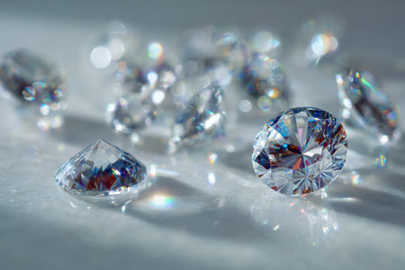 Brilliantly cut gemstones glisten with a kaleidoscope of colors, casting shimmering reflections that evoke sophistication and high-end refinement.の写真素材