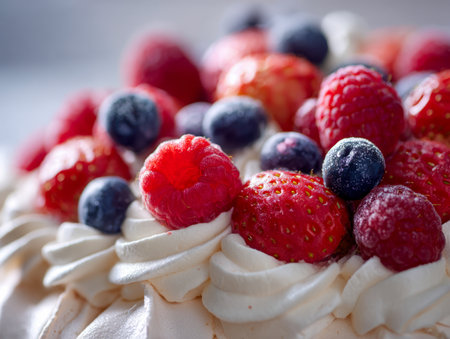 Vibrant berries nestled atop a luscious, velvety dessert crowned with airy whipped cream, creating a tempting and colorful treat perfect for any celebration.の写真素材