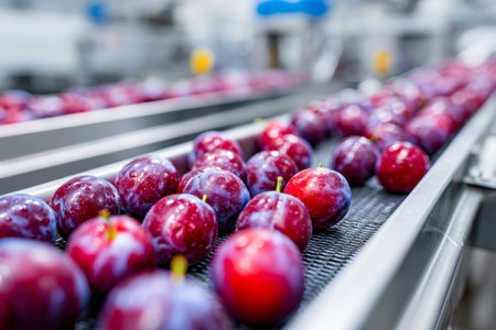 Brightly colored red and purple fruits glide along sleek conveyor systems within a contemporary processing facility, poised for careful selection and packaging.の写真素材
