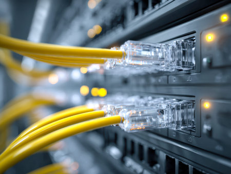 Vibrant yellow cords connect to sleek server ports amid blinking activity indicators, highlighting...