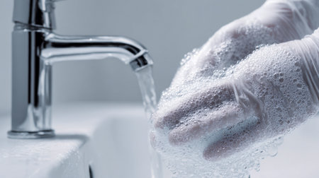 A healthcare worker's hands are scrubbed meticulously with foamy soap, ensuring cleanliness and safety through proper hygiene practices.の写真素材