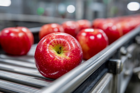 Brightly polished crimson apples glide smoothly along a gleaming metal surface, surrounded by a softly blurred workspace under vibrant, high-intensity lighting.の写真素材