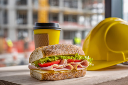 A savory sandwich layered with ham, cheese, crisp lettuce, and ripe tomato sits beside a coffee cup, with a safety helmet nearby on a rustic wooden surface at a workの写真素材