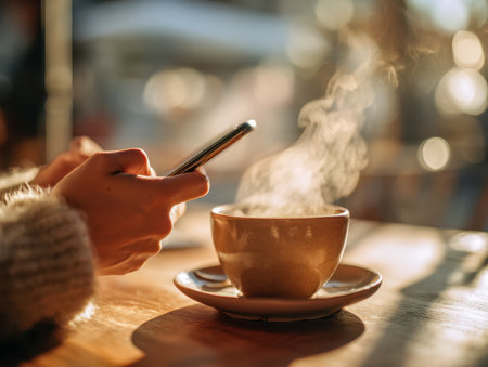 A relaxed individual swipes through their phone's screen, nestled beside a freshly brewed coffee on a rustic wooden surface, bathed in gentle daylight.の写真素材
