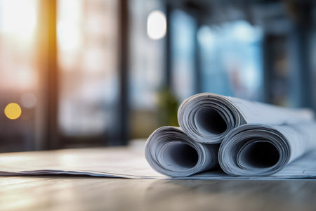 Carefully rolled plans rest atop a wooden surface, with a sleek work environment softly lit by morning sunshine, hinting at creative design and planning.の写真素材