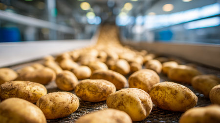 Bright, earthy potatoes glide smoothly on a sleek conveyor under soft natural light, set against a contemporary industrial backdrop.の写真素材