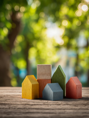 Vibrant miniature wooden homes set on aged wood, framed by lush greenery blur, evoking cozy charm, natural harmony, and playful imagination for design or lifestyle tの写真素材