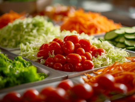 Juicy cherry tomatoes nestled on crisp lettuce, encircled by lush greens, cool cucumber slices, and bright shredded carrots in a lively salad bowl.の写真素材