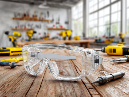 A pair of clear safety goggles rests on a rustic wooden surface amidst an array of screwdrivers, wrenches, and power drills, set in a well-lit, industrial workshop.の写真素材