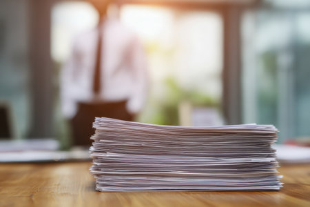 A towering pile of documents rests on a rustic wooden surface with a busy employee in the background, bathed in warm natural light that highlights a diligent workpaの写真素材