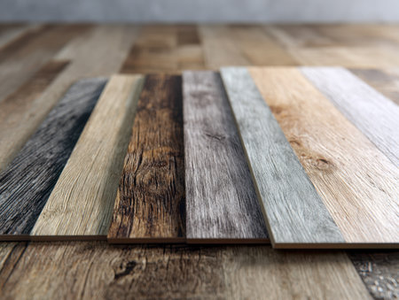 An array of laminated wood samples displaying diverse hues and intricate grain designs, thoughtfully placed on a warm wooden backdrop ideal for home decor inspirationの写真素材