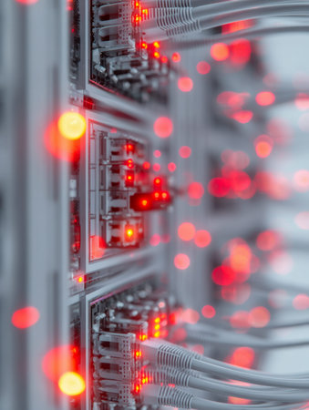 A busy server rack filled with tangled cables and glowing red indicators, reflecting high...