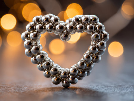 Reflective silver orbs form a tender heart, set against a backdrop of gentle, amber glow that evokes warmth, intimacy, and celebratory joy.の写真素材