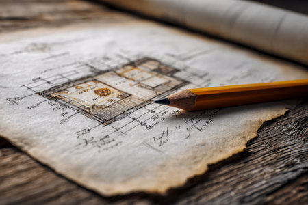 A detailed hand-drafted building blueprint on antique parchment, complemented by a sharpened pencil on weathered wood, evoking a timeless creative workspace.の写真素材