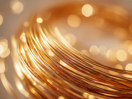 Delicate gold wires intertwine in graceful loops, basked in glowing light, evoking a sense of celebration and opulence perfect for festive occasions.の写真素材