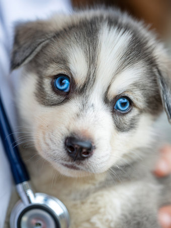 A adorable tiny pup with soft, fluffy fur and captivating sapphire eyes finds solace as gentle hands gently listen with a stethoscope during its vet visit.の写真素材