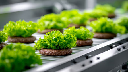 Vibrant lettuce leaves are systematically layered onto burger patties moving along a sleek, high-speed conveyor in a contemporary food plant streamlining sandwich prの写真素材