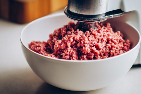 Minced beef emerges from a grinder, gathering in a pristine white bowl, ready to be transformed into flavorful dishes in a busy home kitchen setting.の写真素材
