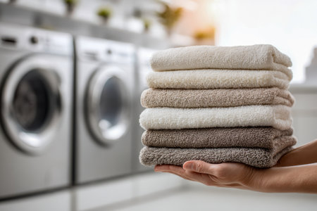 A hand cradles a perfectly organized tower of plush, beige and gray towels, set against a sleek, sunlit laundry space featuring contemporary appliances.の写真素材