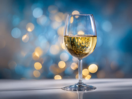 A sophisticated wine glass with crisp white wine rests on a glossy surface, illuminated by gentle, shimmering lights that evoke a cozy, celebratory mood.の写真素材