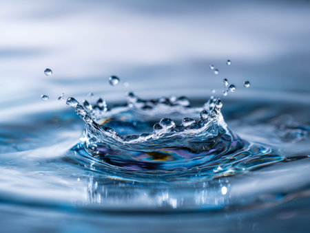 A close-up captures the intricate moment when a droplet interacts with a serene surface, creating...