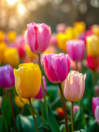 A lively array of tulips in bold hues adorns a sun-drenched garden, with a gentle blurred backdrop...