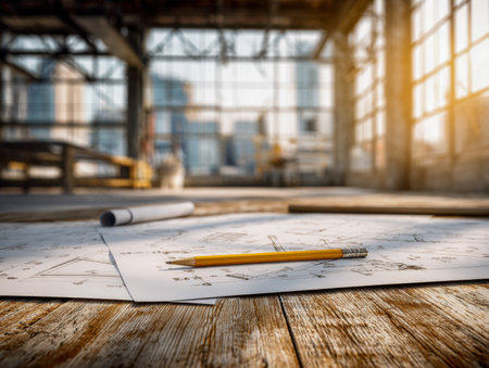 Detailed plans laid out on a rustic table, bathed in soft daylight streaming through expansive factory windows, capturing creative workspace ambiance.の写真素材
