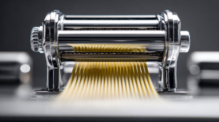 A sleek stainless steel pasta maker skillfully slices dough into delicate strips, creating perfect homemade noodles amidst a softly blurred kitchen backdrop.の写真素材
