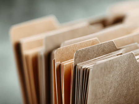 A tidy row of color-coded file folders featuring clearly visible tabs, exemplifying effective organizational methods for streamlined office data storage and retrievaの写真素材
