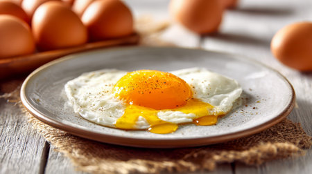 Bright natural light highlights a perfectly cooked sunny-side-up egg sprinkled with pepper, paired...