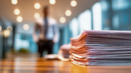 A towering pile of documents sits atop a sleek wooden workspace, with a softly blurred figure of an...